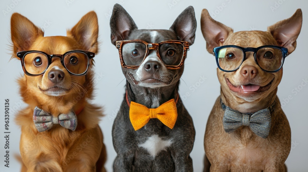Fototapeta premium Three Dogs Wearing Glasses and Bow Ties - Adorable Pet Portrait