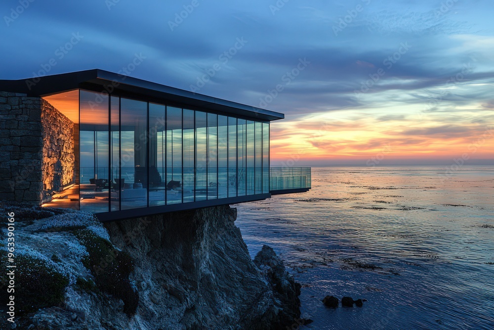 A modern glass-walled house perched on a cliff overlooking the ocean, offering breathtaking views and a sense of serene isolation. A modern glass-walled house perched on a cliff overlooking the ocean, offering breathtaking views and a sense of serene isolation.