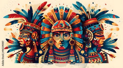 ancient Azteca civilization with iconic symbols such as the Aztec calendar and the feathered serpent god, Quetzalcoatl, alongside Aztec warriors in headdresses photo