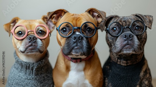 Three Dogs Wearing Round Glasses - Adorable Pet Portrait