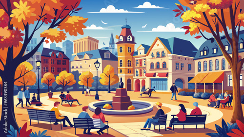  bustling city square with autumn trees in the center, people sitting on benches surrounded by colorful leaves, and historic buildings framing the scene