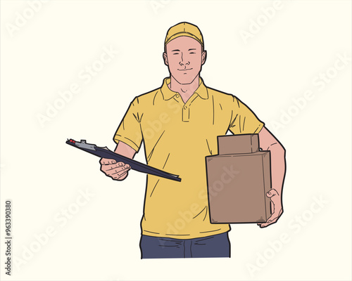 Illustration of delivery man carrying package box wearing yellow shirt. Flat color vector.