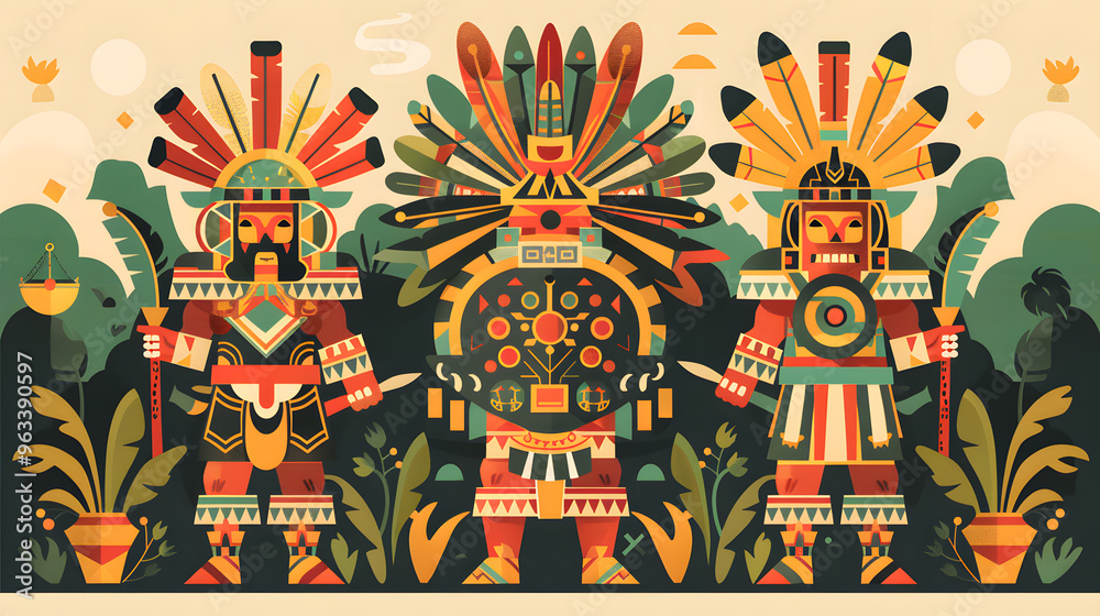 ancient Azteca civilization with iconic symbols such as the Aztec calendar and the feathered serpent god, Quetzalcoatl, alongside Aztec warriors in headdresses ancient Azteca civilization with iconic symbols such as the Aztec calendar and the feathered serpent god, Quetzalcoatl, alongside Aztec warriors in headdresses