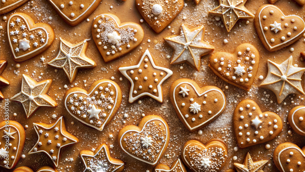 Star and Heart-Shaped Gingerbread Cookies Decorated with Powdered Sugar for Christmas Baking