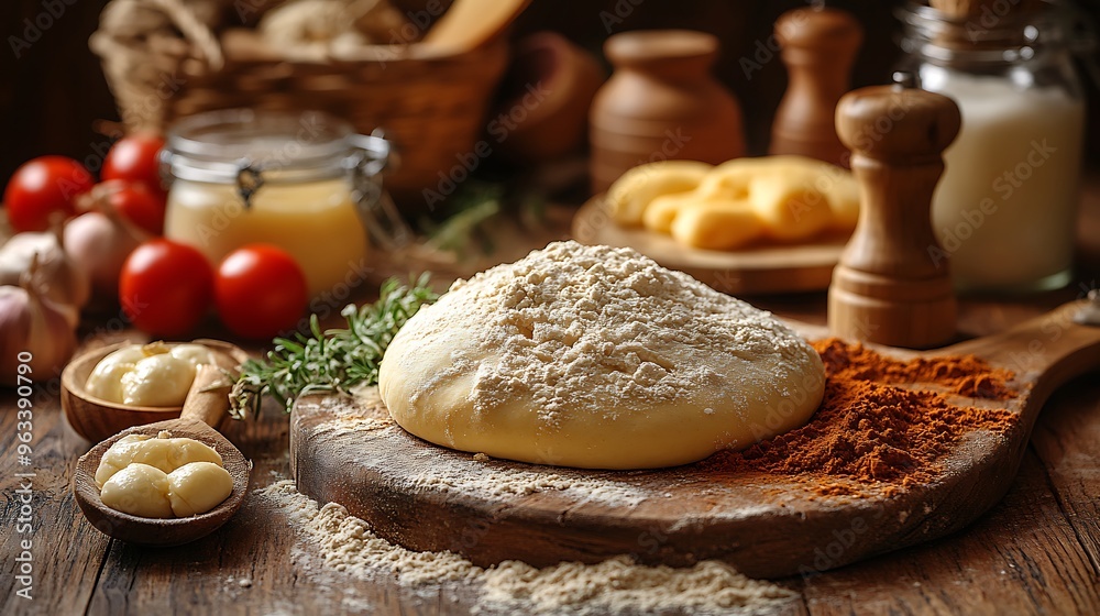 Dough, flour, spices, and ingredients on a wooden table. Dough, flour, spices, and ingredients on a wooden table.