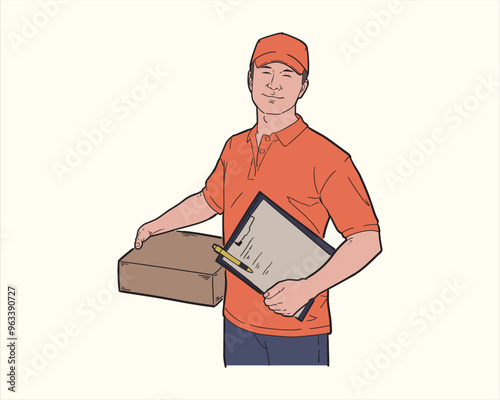 Illustration of delivery man carrying package box wearing orange shirt. Flat color vector.