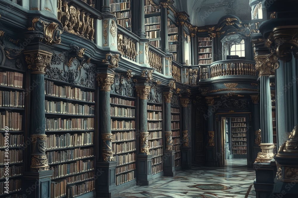 Naklejka premium Classic European Library Interior with Wooden Floors..