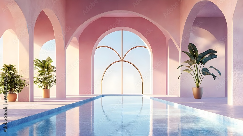 A serene indoor space with a calm pool, arches, and lush plants, creating a peaceful and modern atmosphere. A serene indoor space with a calm pool, arches, and lush plants, creating a peaceful and modern atmosphere.