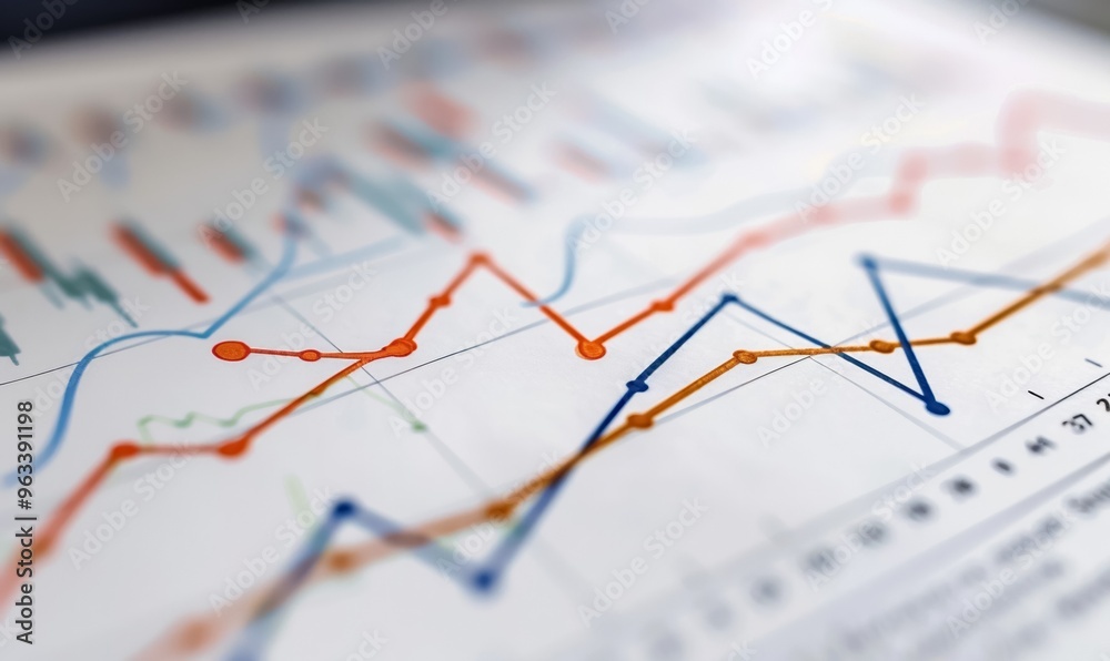 A close-up of a financial graph with blue bar charts and line graphs. Focus on data points, performance trends, and analytics. Blurred background with a professional report layout A close-up of a financial graph with blue bar charts and line graphs. Focus on data points, performance trends, and analytics. Blurred background with a professional report layout