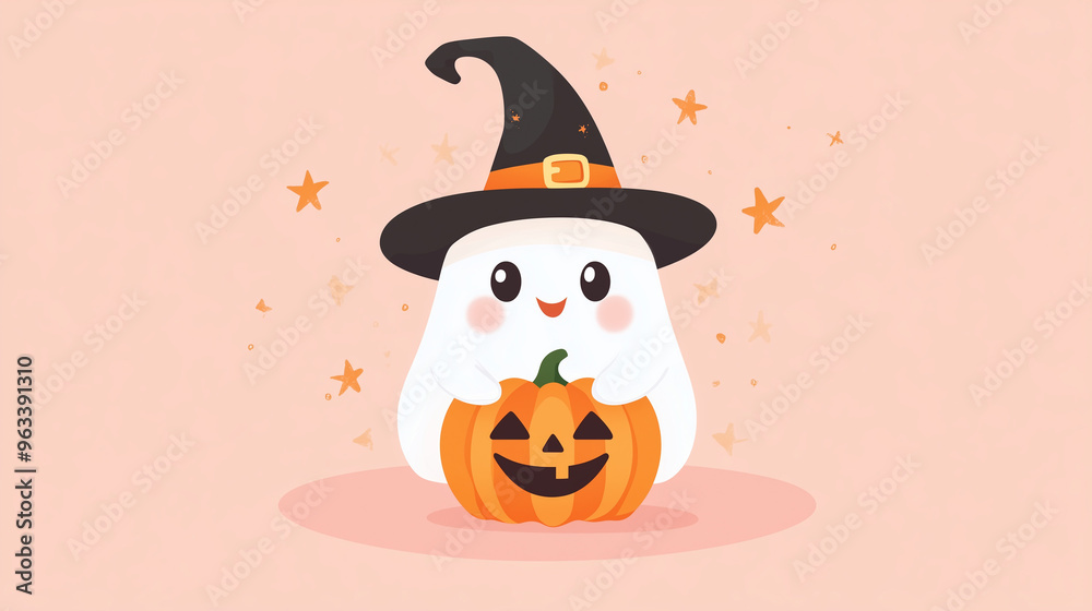 Cute adorable ghost wearing witch hat with Halloween Jack-o-lantern pumpkin on pastel pink background Cute adorable ghost wearing witch hat with Halloween Jack-o-lantern pumpkin on pastel pink background