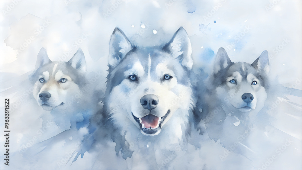 Close-Up of Three Husky Faces on a Snowy Background, Film Poster, Watercolor Close-Up of Three Husky Faces on a Snowy Background, Film Poster, Watercolor