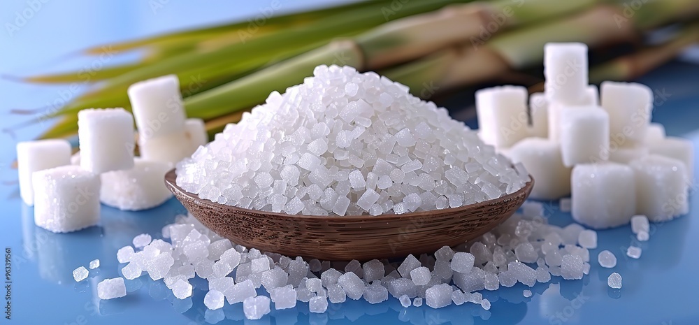 White granulated sugar in a bowl with sugar cubes and sugarcane stalks in the background. Close up shot with blue background. White granulated sugar in a bowl with sugar cubes and sugarcane stalks in the background. Close up shot with blue background.