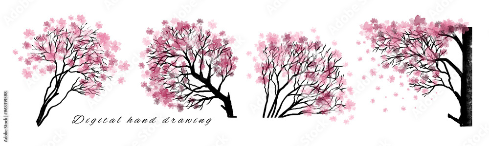 Fototapeta premium A set of trees with pink buds in the doodle style, a sketch on a white background. Isolated branches of a spring tree. A painted tree with flowers, cherry blossoms