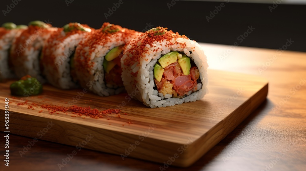Spicy Tuna Roll Sushi filled with spicy tuna, rice, and seaweed. Neural network ai generated art Spicy Tuna Roll Sushi filled with spicy tuna, rice, and seaweed. Neural network ai generated art