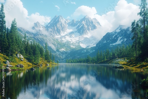 A serene mountain lake with crystal clear water and a reflection of the surrounding peaks