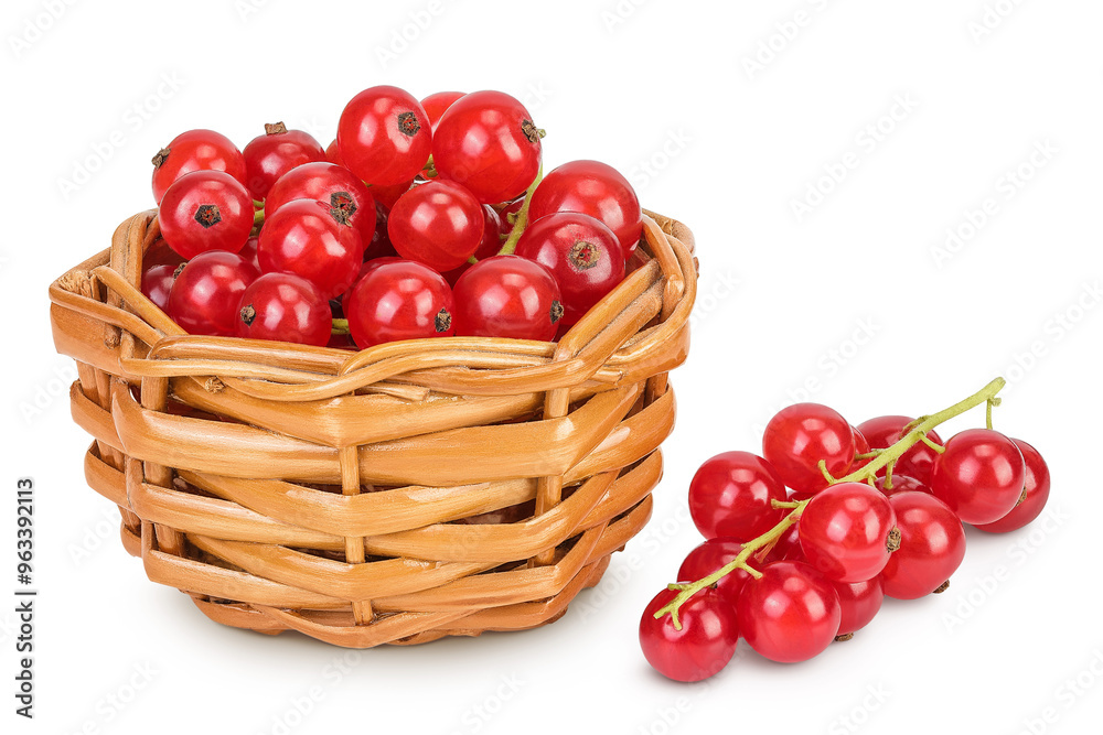 Red currant berries in a wicker basket isolated on white background Red currant berries in a wicker basket isolated on white background