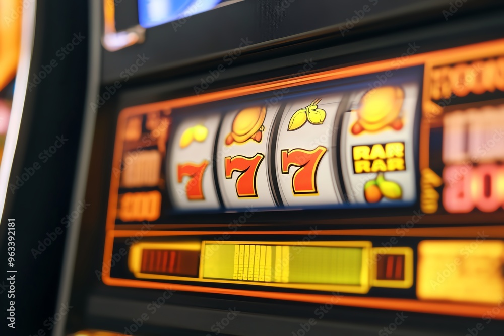 Close-up of a slot machine with three sevens, a winning combination. Close-up of a slot machine with three sevens, a winning combination.