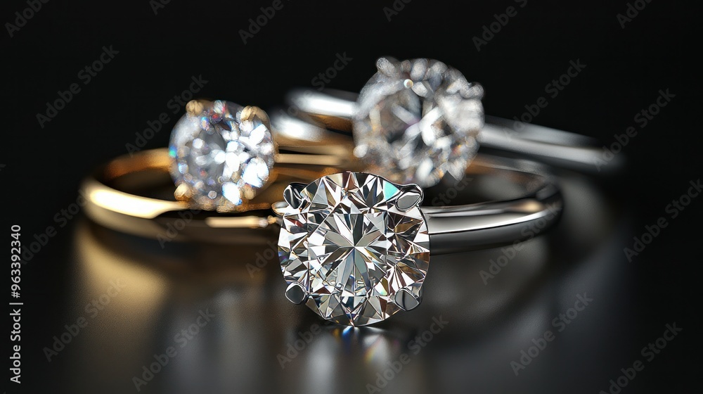 Three-dimensional representation of gold and platinum diamond rings floating on a black background. The notion of a studio for a jewelry store Three-dimensional representation of gold and platinum diamond rings floating on a black background. The notion of a studio for a jewelry store