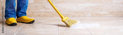 Cleaner using a large scrub brush on bathroom tiles to remove tough stains, scrubbing floor with brush, heavy-duty cleaning