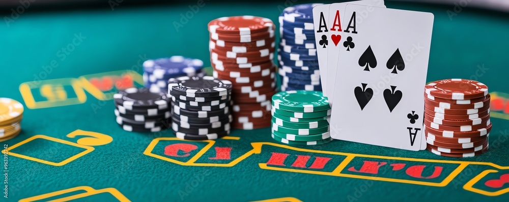 Obraz premium Poker chips and playing cards on a green felt table.