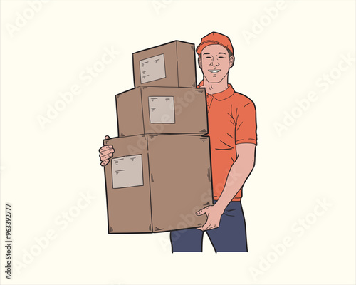 Illustration of delivery man carrying package box wearing orange shirt. Flat color vector.