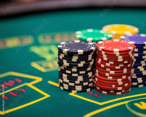 Close-up of poker chips stacked on a green felt table.