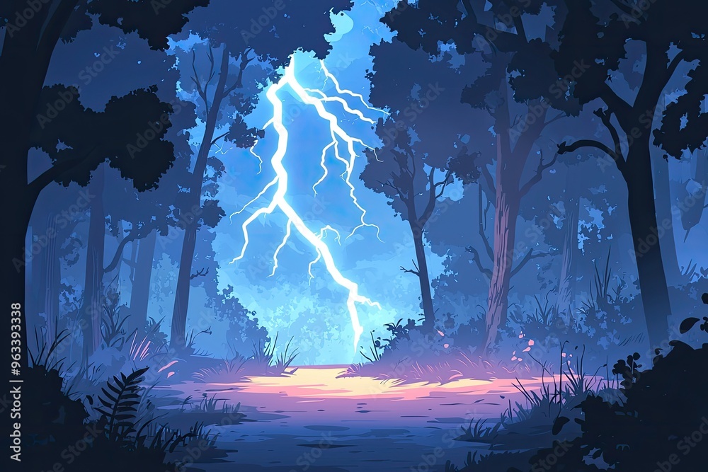 Obraz premium A Vivid Bolt of Lightning Illuminates a Dark Forest Path, Casting Eerie Shadows Among the Trees.