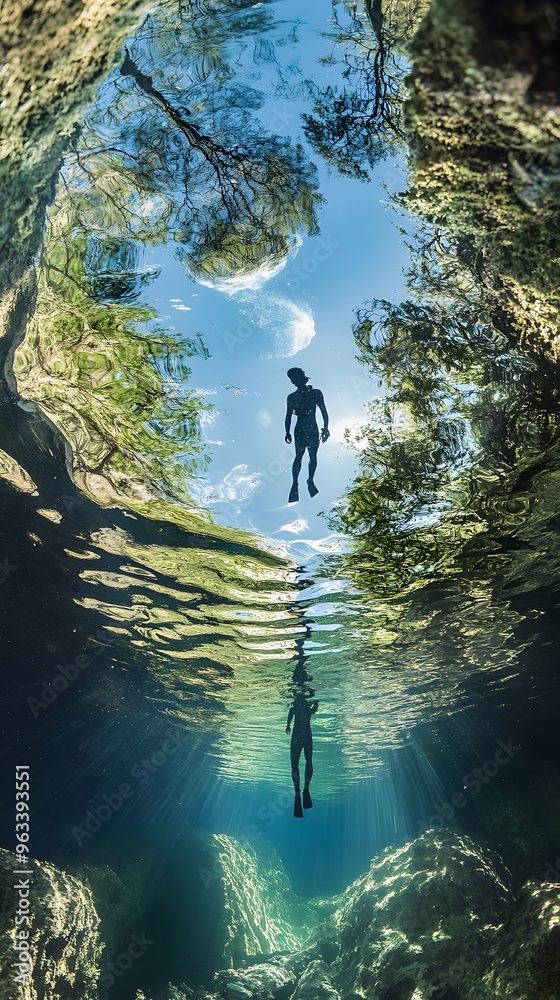 Underwater View of a Diver with Sunbeams and Reflected Trees