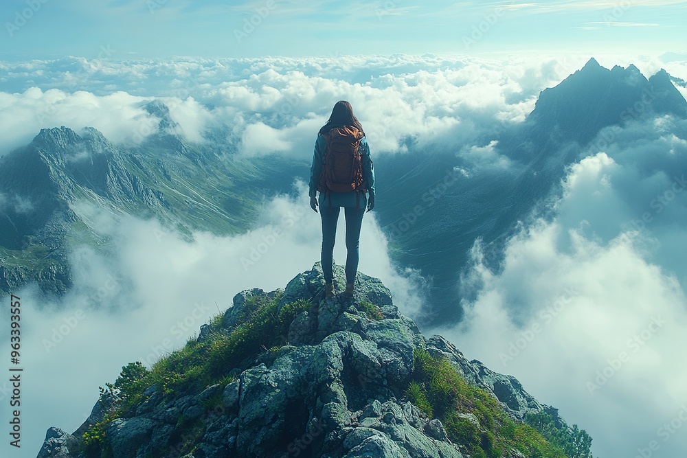 A solitary figure standing on a mountain peak gazing at a vast open horizon symbolizing hope and contemplation