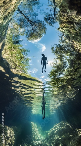 Underwater View of a Diver with Sunbeams and Reflected Trees photo