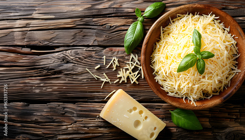 Bowl with grated cheese on wooden background photo