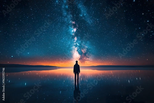 A solitary figure standing under a vast starry sky representing awe and introspection