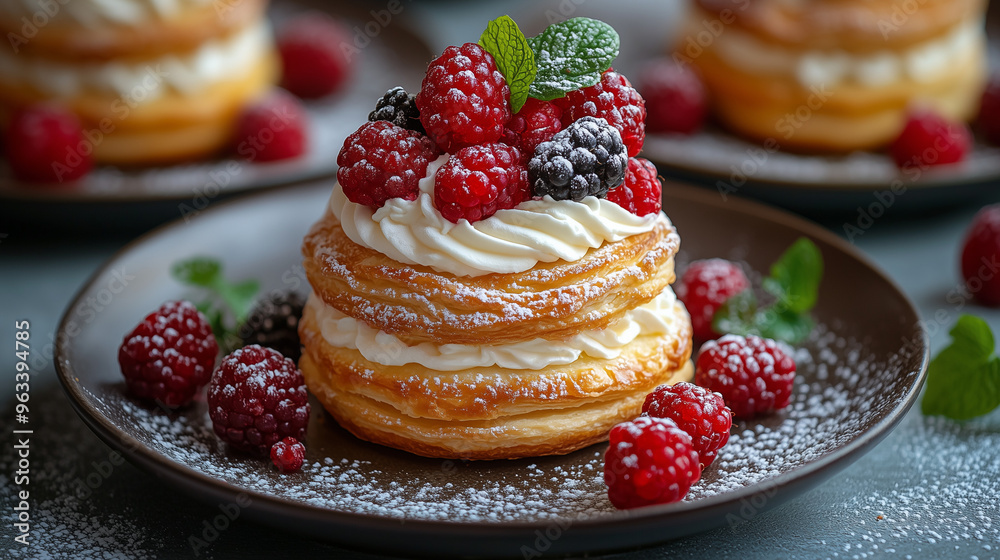 Un gâteau au chocolat décoré de fraises, framboises et crème, servi sur une assiette blanche. Ce dessert frais et délicieux, parfait pour le petit déjeuner, ravira les bons vivants en gros plan. Un gâteau au chocolat décoré de fraises, framboises et crème, servi sur une assiette blanche. Ce dessert frais et délicieux, parfait pour le petit déjeuner, ravira les bons vivants en gros plan.
