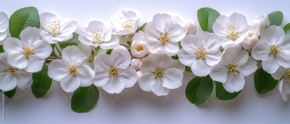 White Blossoms and Green Leaves on a Light Background White Blossoms and Green Leaves on a Light Background