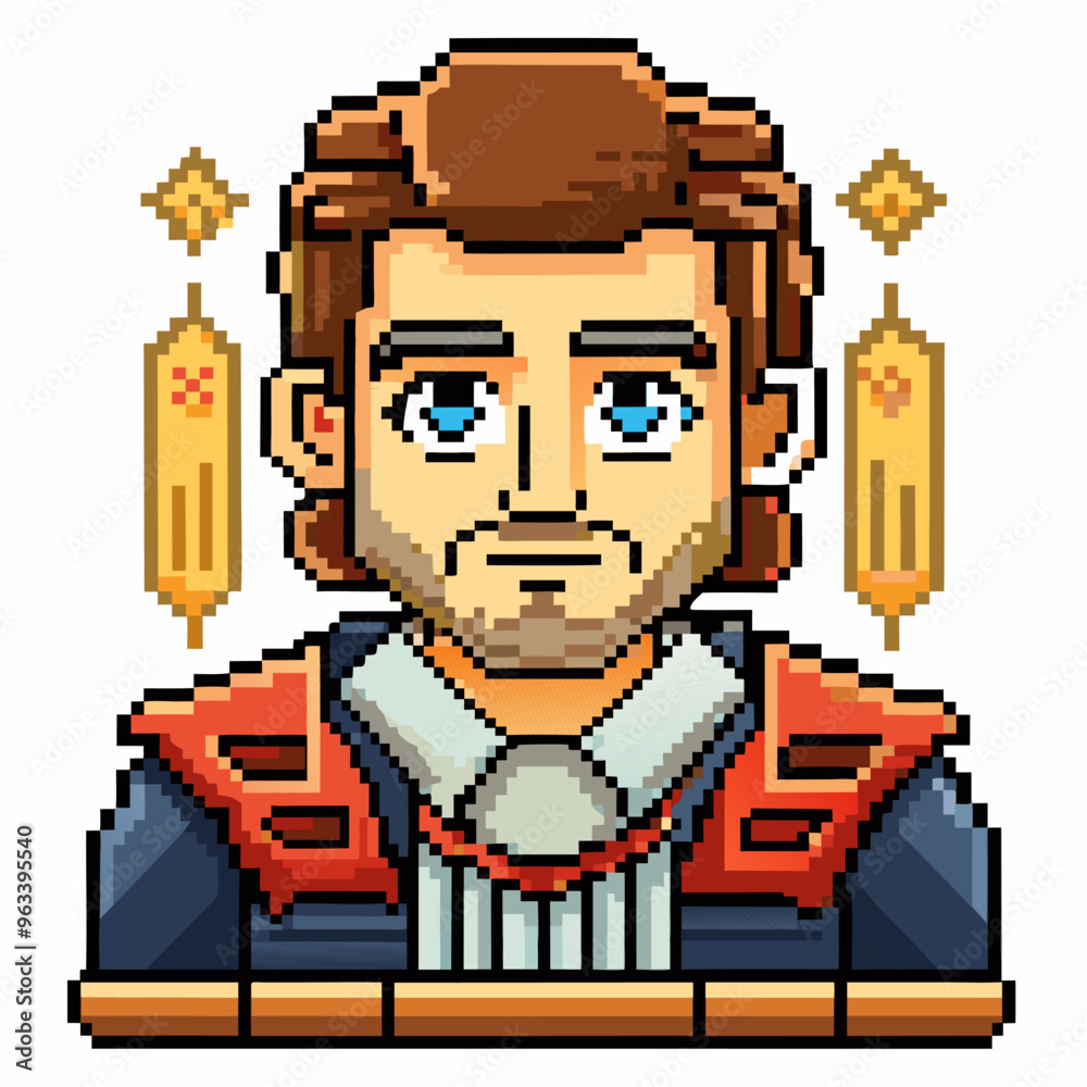 Retro Pixel Art Portrait of a Bearded Man with Blue Eyes and Ornate Jacket Retro Pixel Art Portrait of a Bearded Man with Blue Eyes and Ornate Jacket