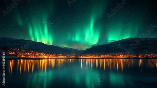 Vibrant green aurora borealis lights up the night sky over a small town and calm lake.