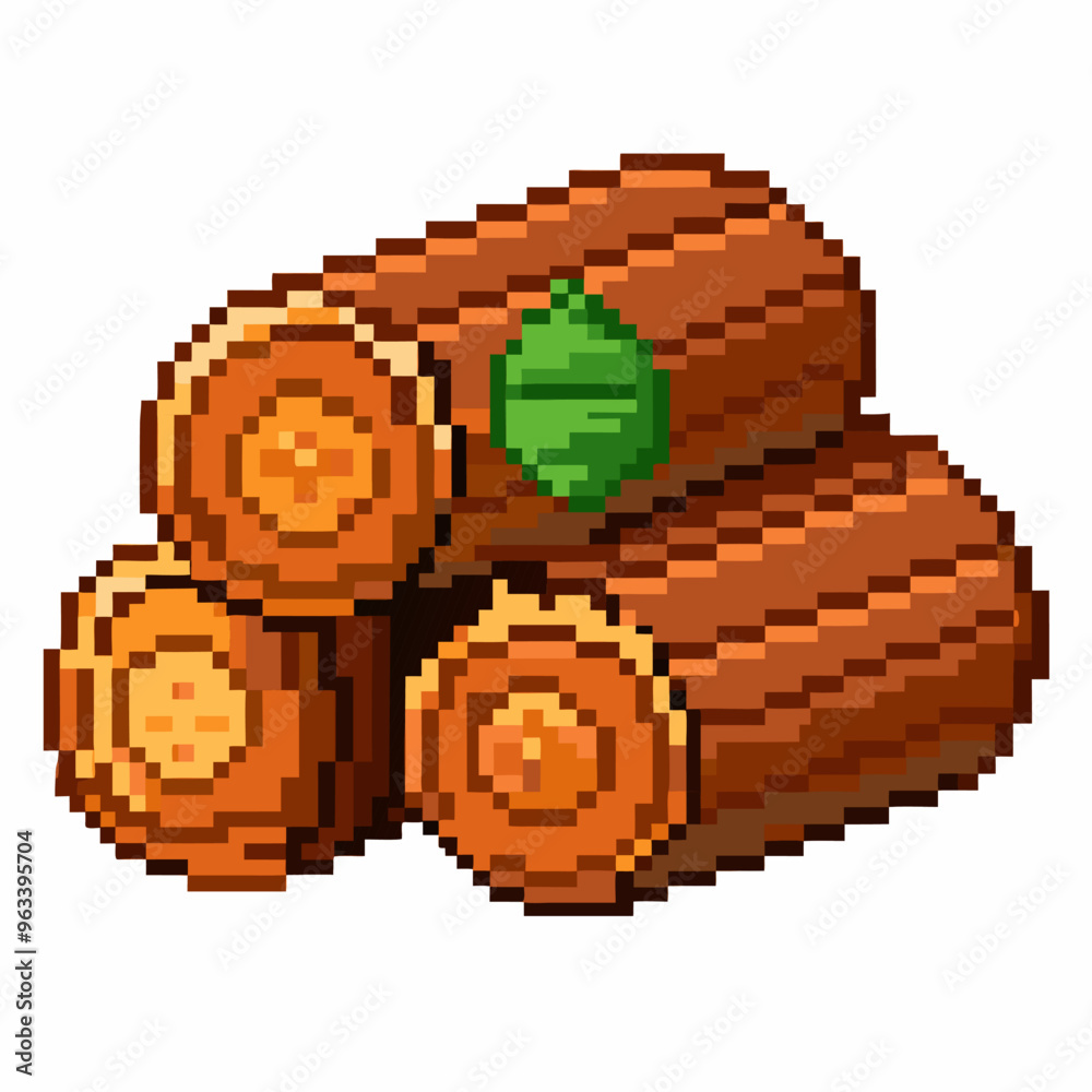 Obraz premium Stack of Pixel Art Wooden Logs with Leaf Accents Digital Retro Style Illustration