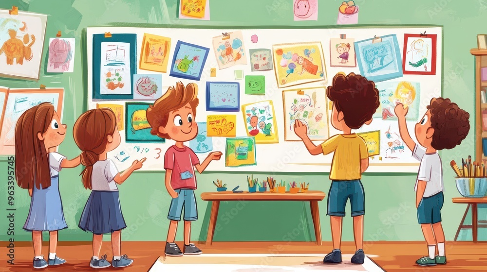 Happy Classroom Moments - Students Showcasing Artwork on Bulletin Board to Proud Teacher in Vibrant Cartoon Illustration Happy Classroom Moments - Students Showcasing Artwork on Bulletin Board to Proud Teacher in Vibrant Cartoon Illustration