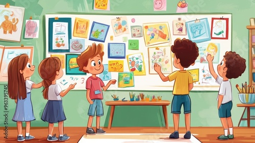 Happy Classroom Moments - Students Showcasing Artwork on Bulletin Board to Proud Teacher in Vibrant Cartoon Illustration