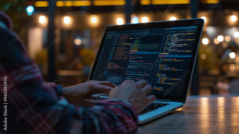 software developer working on a laptop showing code on screen software developer working on a laptop showing code on screen