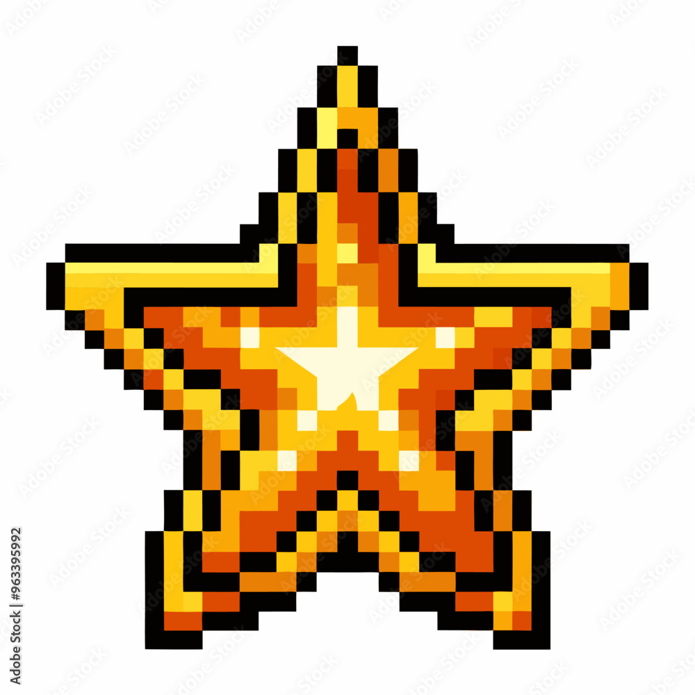 Obraz premium Retro Pixel Art Golden Star 8 bit Style Icon for Gaming, Design, and Illustration