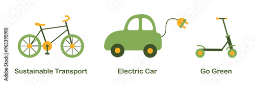 Electric transportation illustrations set. Benefits of electric transportation to prevent environmental pollution. Eco friendly vehicle. Sustainable living concept. Vector illustration.