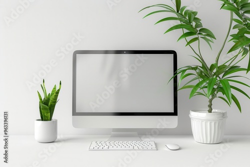 Modern desktop computer with sleek design, white background, office technology