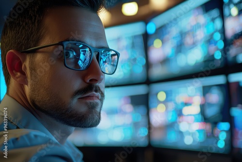 A male cybersecurity analyst monitors network traffic vigilantly from a high-tech operations center.