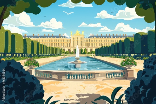 A Glimpse of Versailles: The Palace's Serene Garden with a Fountain and a Blue Sky Above photo