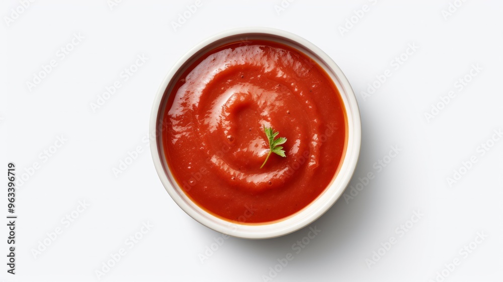 Homemade tomato sauce in bowl isolated on white, top view. Neural network ai generated art