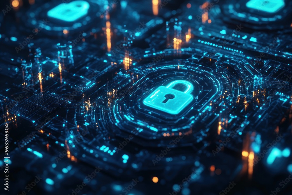 A Digital Lock Icon Embedded in a Futuristic Circuit Board