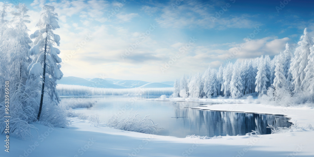 Snow covered pine trees stand on the shore of a partially frozen lake, reflecting on the surface of the water on this cold winter day. Banner Snow covered pine trees stand on the shore of a partially frozen lake, reflecting on the surface of the water on this cold winter day. Banner