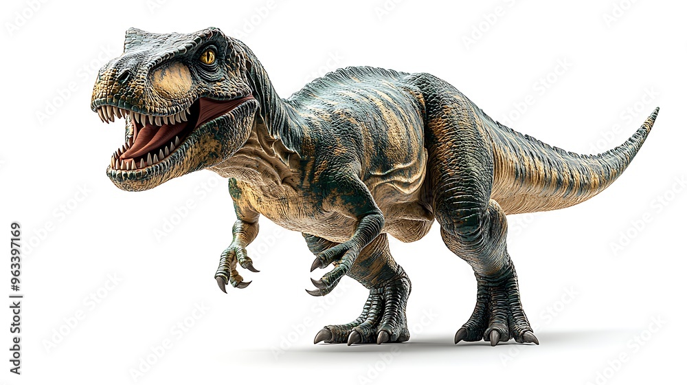 A realistic 3D rendering of a Tyrannosaurus Rex dinosaur, a fearsome predator from the Cretaceous period, standing on a white background. A realistic 3D rendering of a Tyrannosaurus Rex dinosaur, a fearsome predator from the Cretaceous period, standing on a white background.