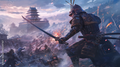 Sengoku period samurai battle on foggy battlefield.